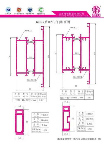 GR64M系列平開門斷面圖