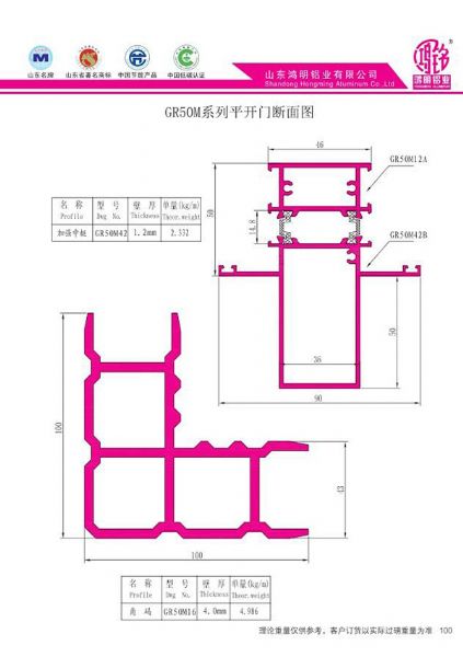 GR50M系列平開門斷面圖